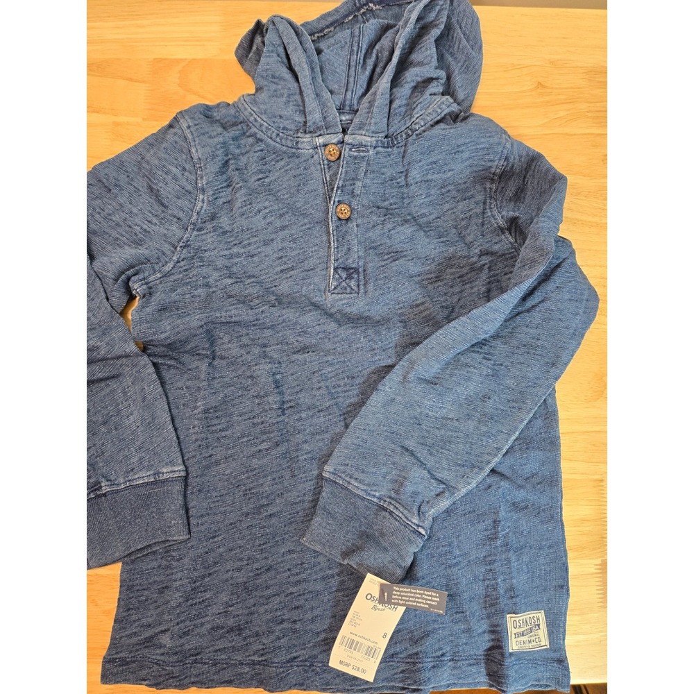 OshKosh B'gosh Boys Blue Indigo Slub Knit Hooded Henley Shirt Size 8 NWT